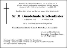 Traueranzeige Sr. M. Gundelinde Krottenthaler