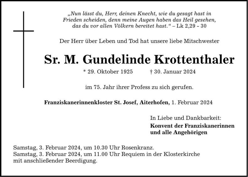 Traueranzeige Sr. M. Gundelinde Krottenthaler
