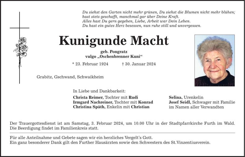 Traueranzeige Kunigunde Macht