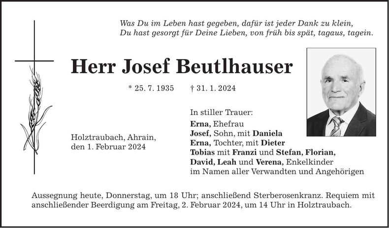 Traueranzeige Josef Beutlhauser