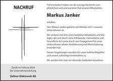 Traueranzeige Markus Janker