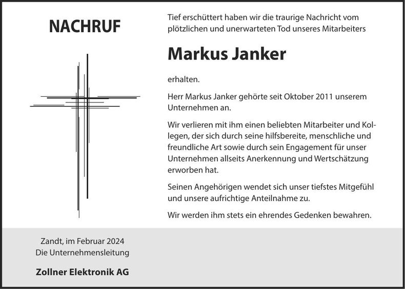 Traueranzeige Markus Janker