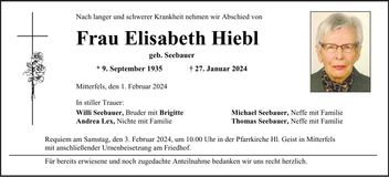 Traueranzeige Elisabeth Hiebl