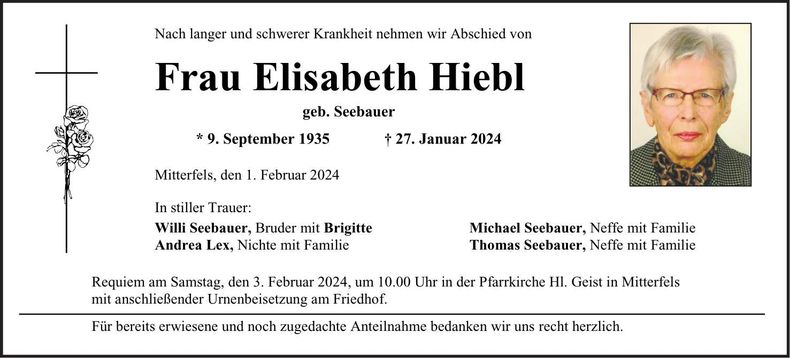 Traueranzeige Elisabeth Hiebl