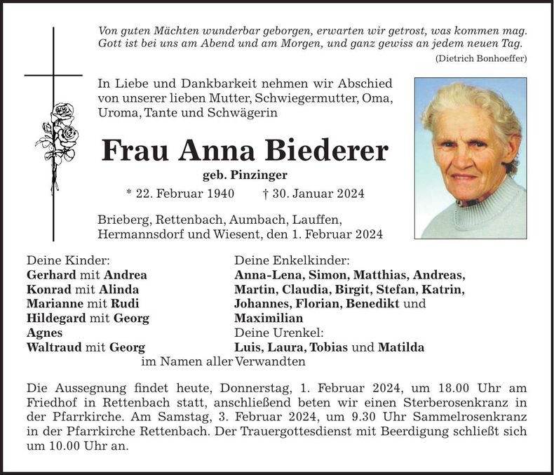 Traueranzeige Anna Biederer