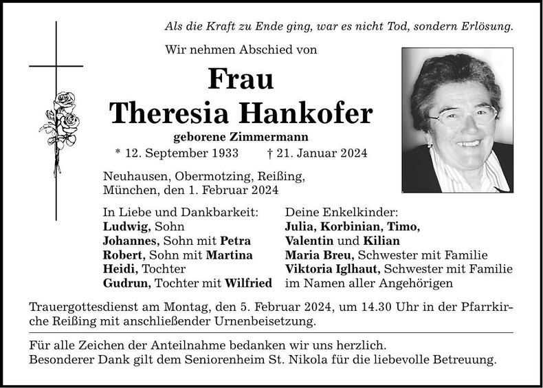 Traueranzeige Theresia Hankofer