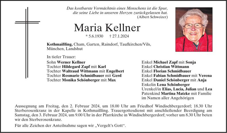 Traueranzeige Maria Kellner