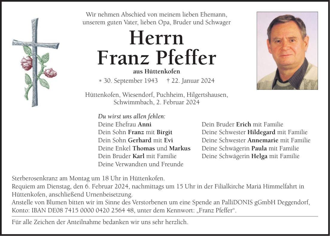 Traueranzeige Pfeffer Franz