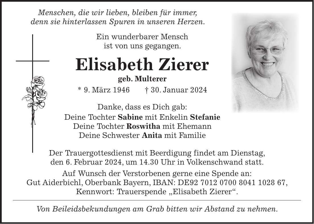 Traueranzeige Elisabeth Zierer