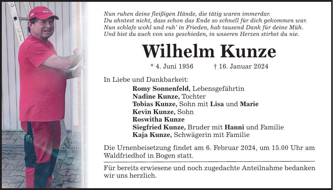 Traueranzeige Wilhelm Kunze