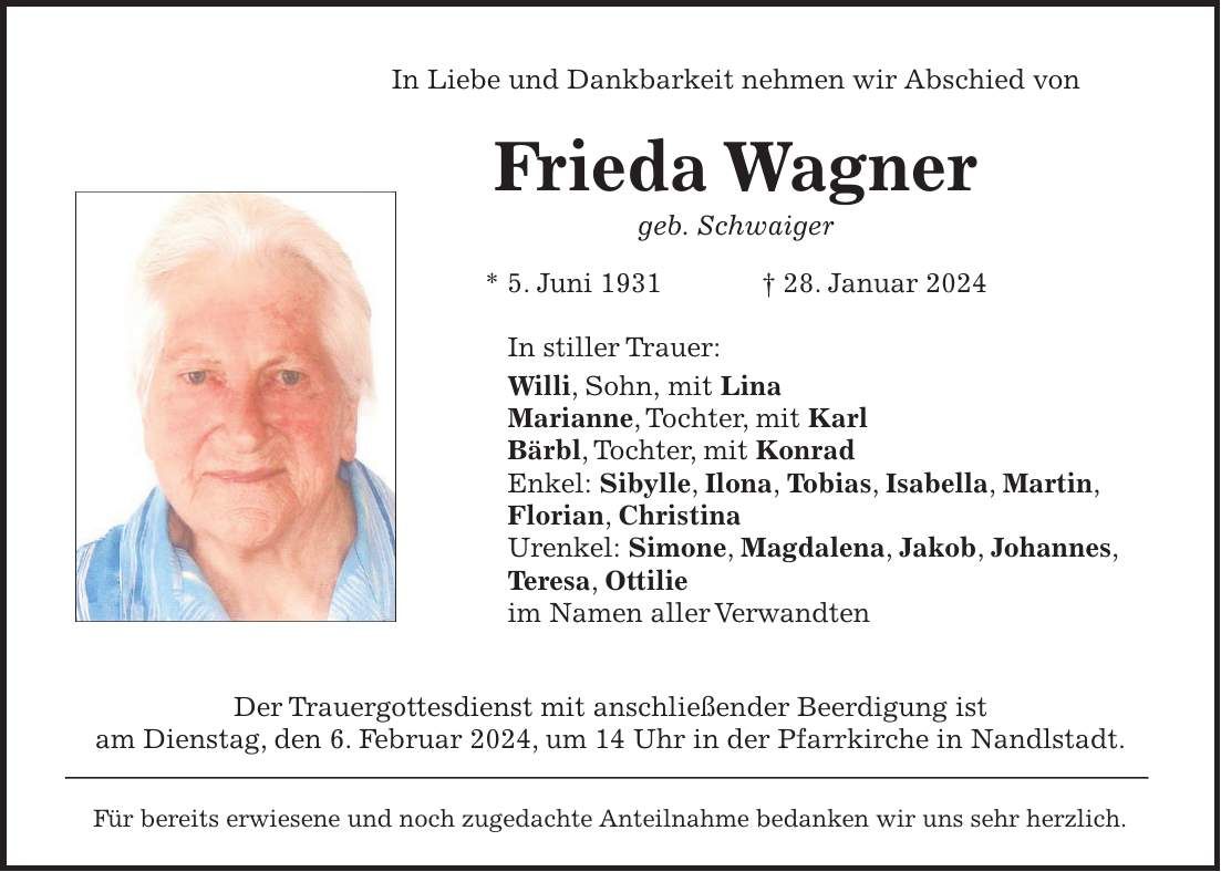 Traueranzeige Frieda Wagner