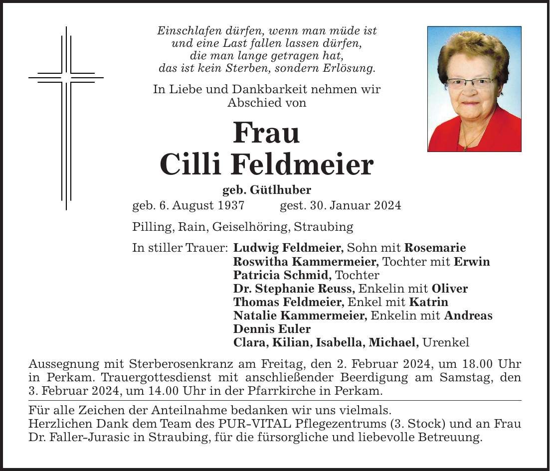 Traueranzeige Cilli Feldmeier