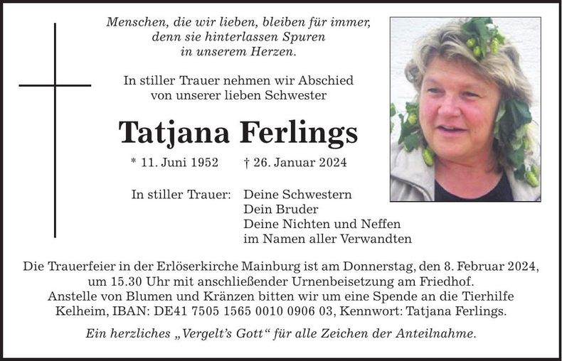 Traueranzeige Tatjana Ferlings