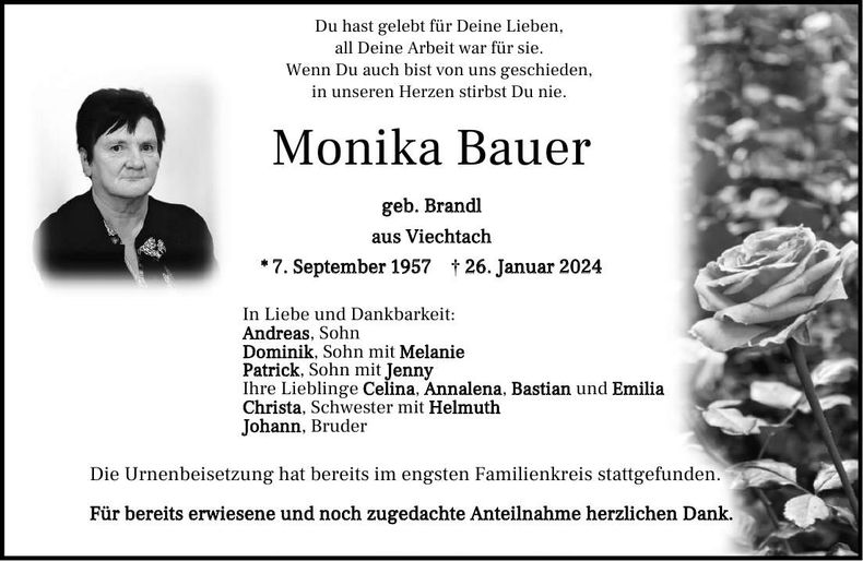 Traueranzeige Monika Bauer