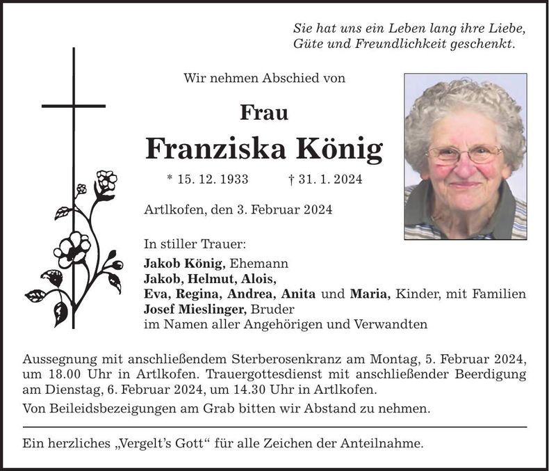 Traueranzeige Franziska König