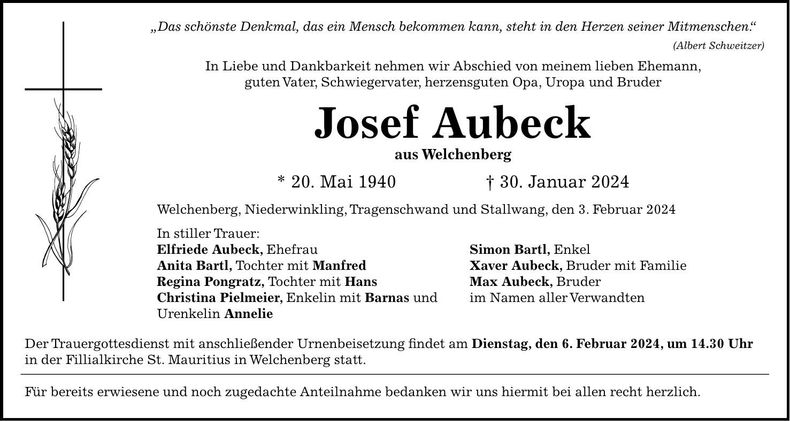 Traueranzeige Josef Aubeck
