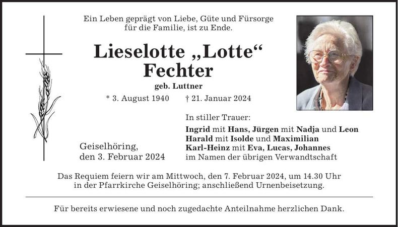 Traueranzeige Lieselotte Fechter