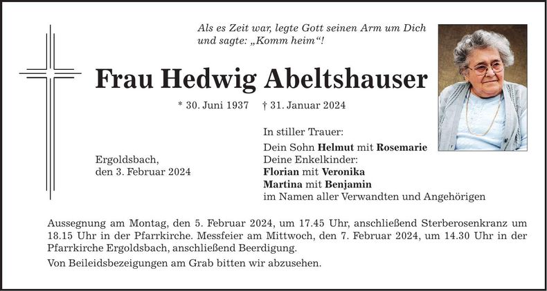Traueranzeige Hedwig Abeltshauser