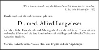 Traueranzeige Alfred Langwieser