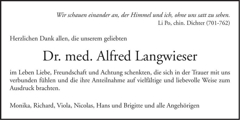 Traueranzeige Alfred Langwieser