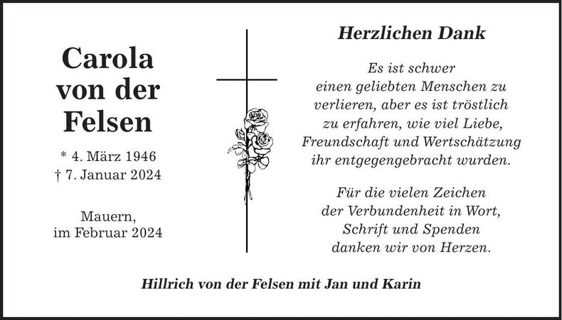 Traueranzeige Carola Von der Felsen