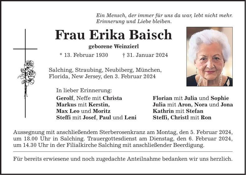 Traueranzeige Erika Baisch