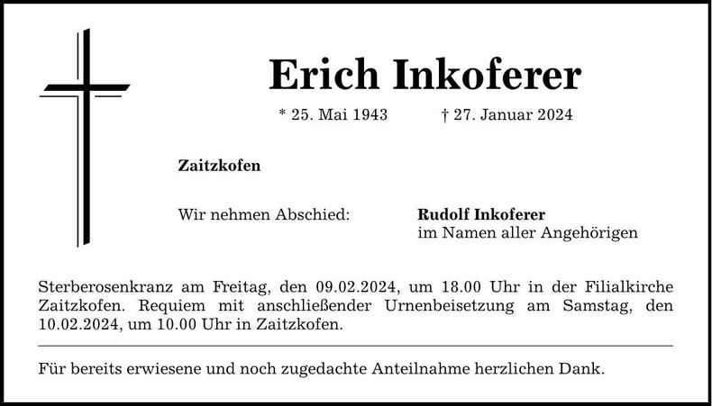 Traueranzeige Erich Inkoferer
