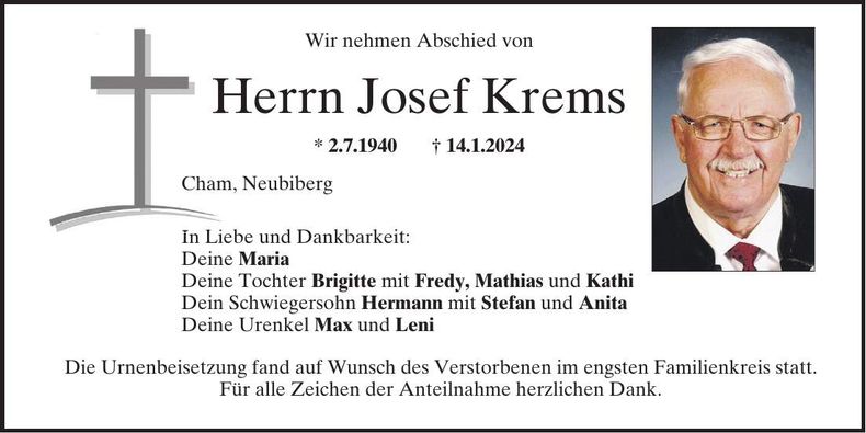 Traueranzeige Josef Krems