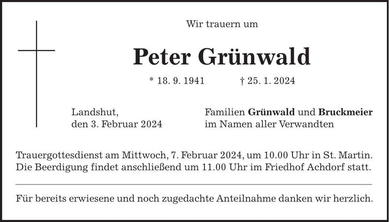 Traueranzeige Peter Grünwald