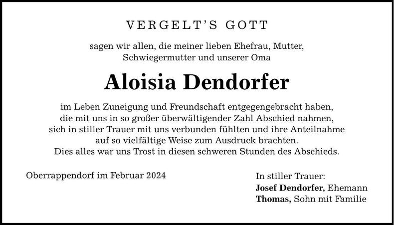 Traueranzeige Aloisia Dendorfer