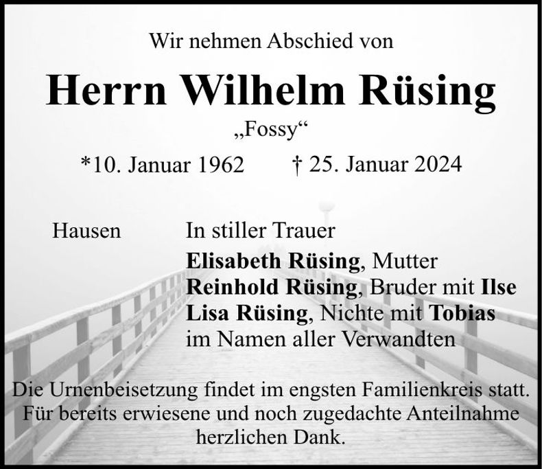 Traueranzeige Wilhelm Rüsing