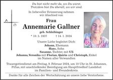 Traueranzeige Annemarie Gallner