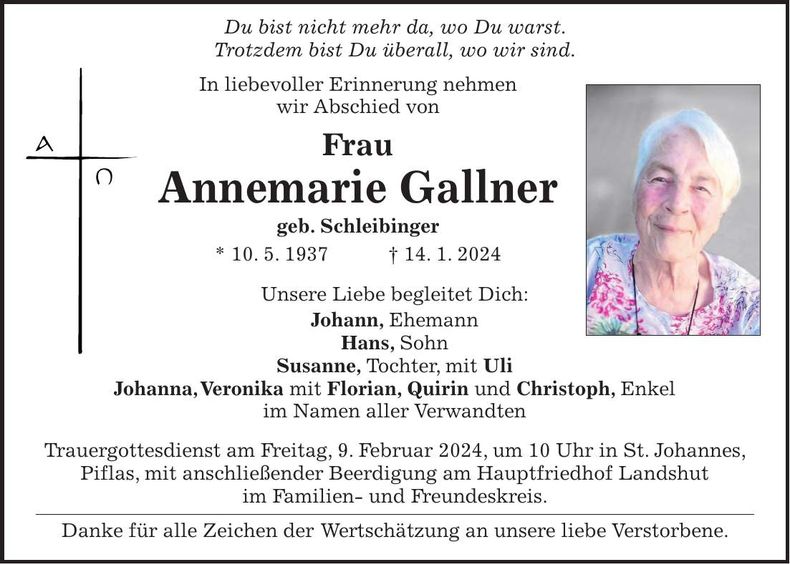 Traueranzeige Annemarie Gallner