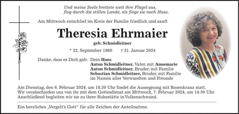 Traueranzeige Theresia Ehrmaier
