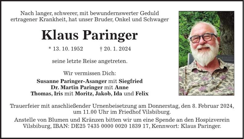 Traueranzeige Klaus Paringer