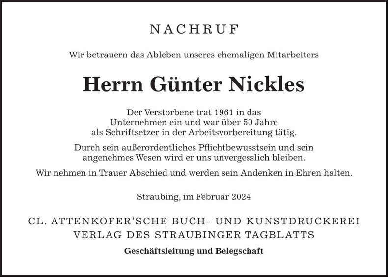 Traueranzeige Günter Nickles
