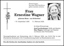Traueranzeige Ernestine Wagner