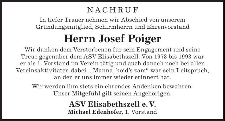 Traueranzeige Josef Poiger