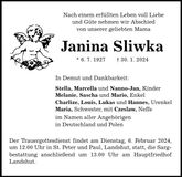 Traueranzeige Janina Sliwka