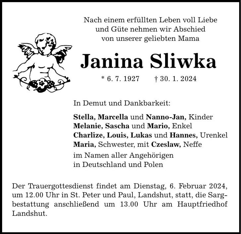 Traueranzeige Janina Sliwka