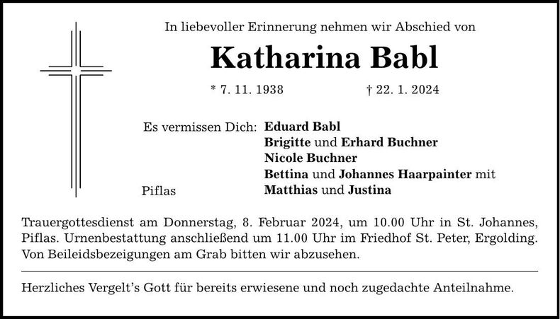 Traueranzeige Katharina Babl