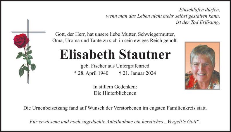 Traueranzeige Elisabeth Stautner