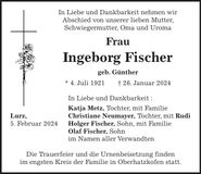 Traueranzeige Ingeborg Fischer