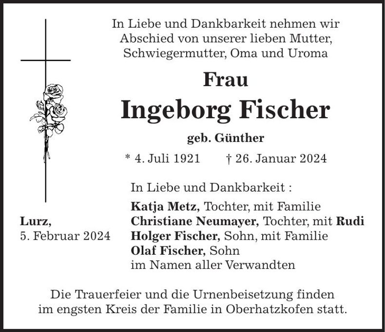 Traueranzeige Ingeborg Fischer