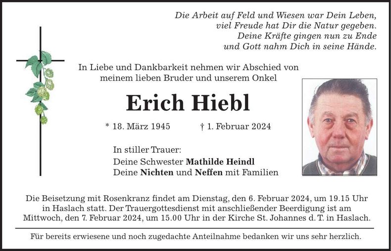 Traueranzeige Erich Hiebl