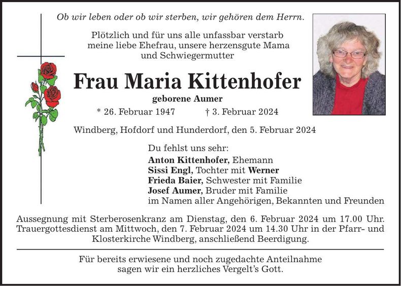 Traueranzeige Maria Kittenhofer