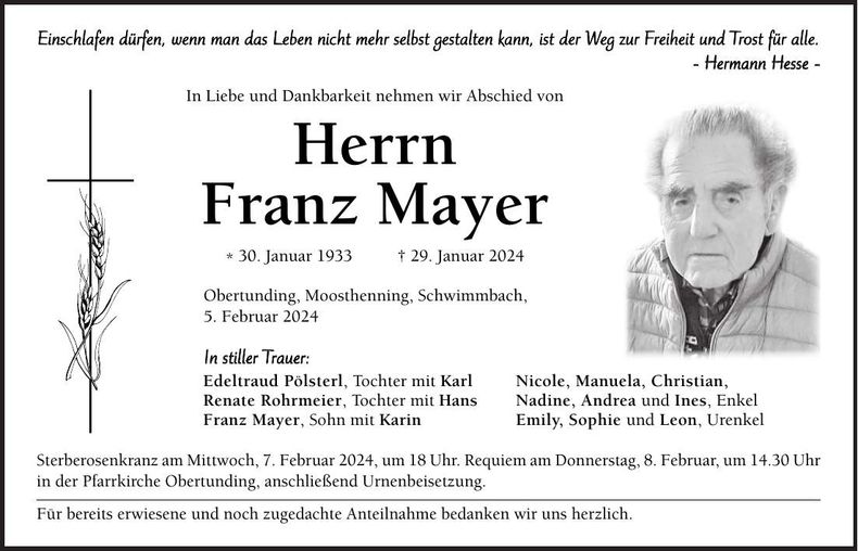 Traueranzeige Franz Mayer