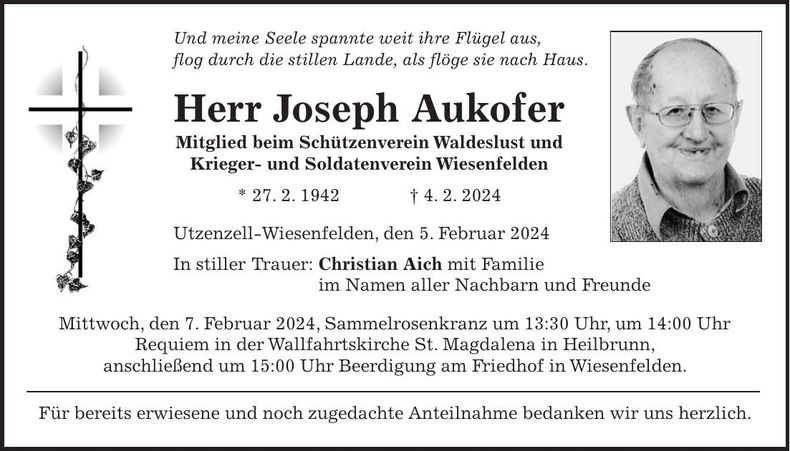 Traueranzeige Joseph Aukofer