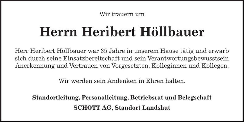 Traueranzeige Heribert Höllbauer