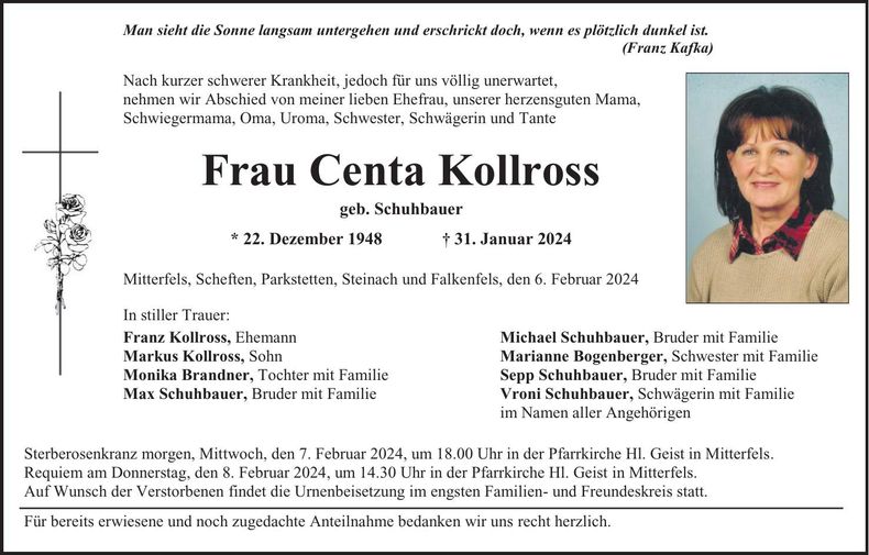 Traueranzeige Centa Kollross